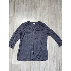 Columbia Linen Blend Button Up Shirt Navy Blue 3/4 Roll Tab Sleeve Womens Sz M